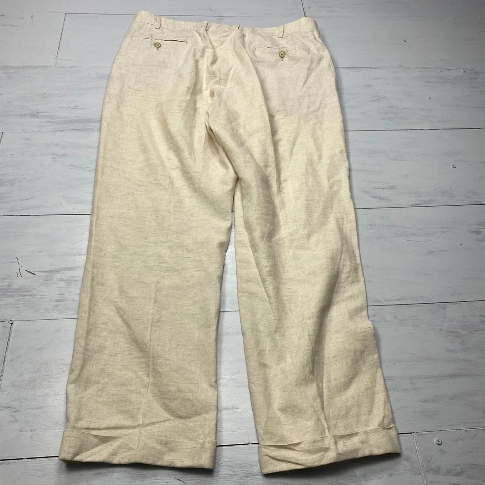 Dapper Classics Linen Trousers Mens 38 Beige Flat Front Cuffed Made in USA Pants